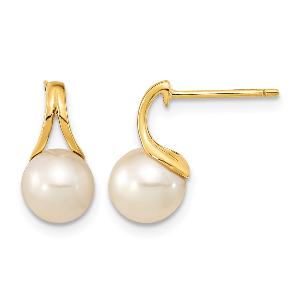 14K Yellow Gold 7-8mm White Round Freshwater Pearl Post Earrings