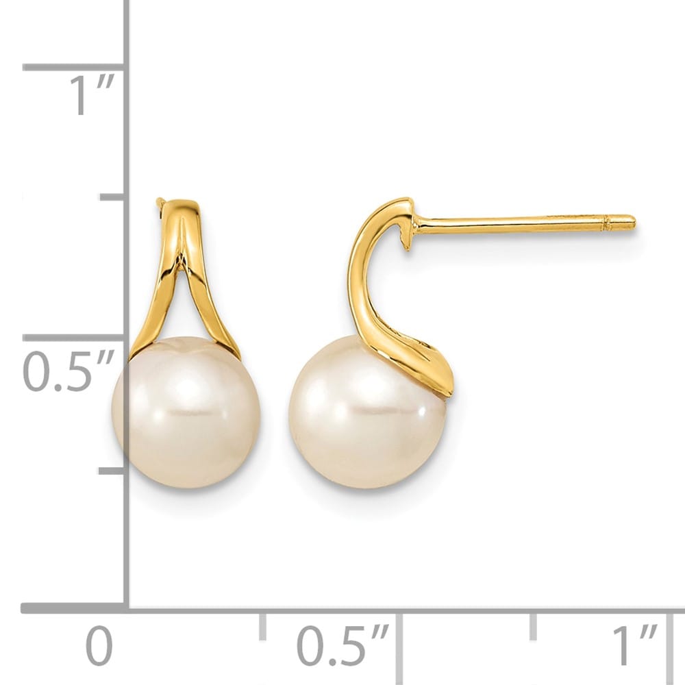 14K Yellow Gold 7-8mm White Round Freshwater Pearl Post Earrings