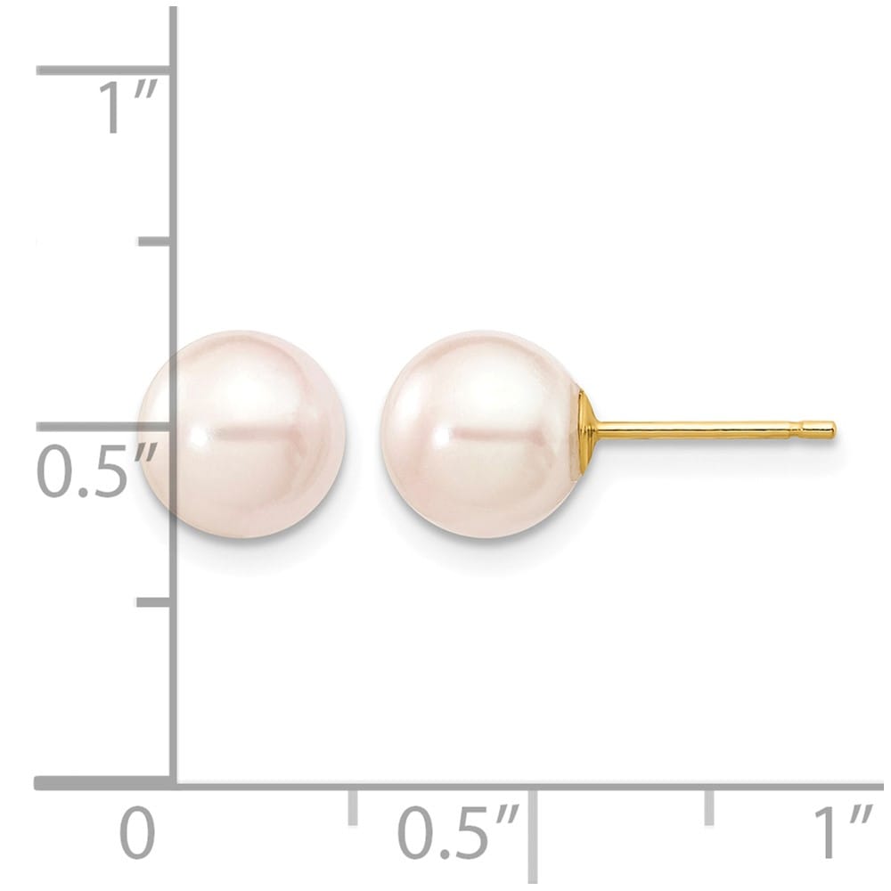 14K Yellow Gold 7-8mm White Round Saltwater Pearl Stud Post Earrings, view 4 of 4