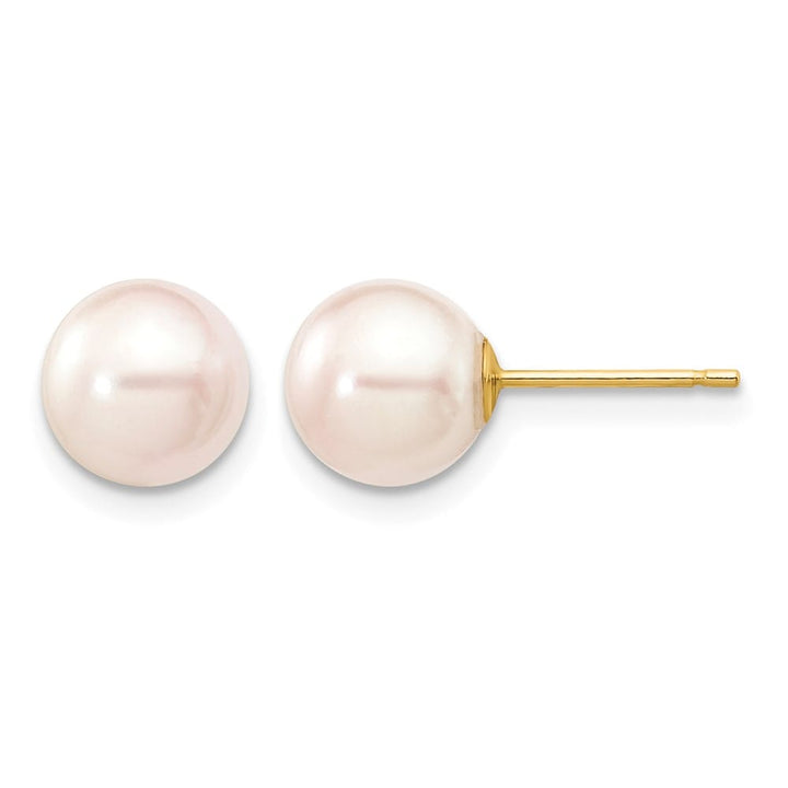14K Yellow Gold 7-8mm White Round Saltwater Pearl Stud Post Earrings, view 1 of 4