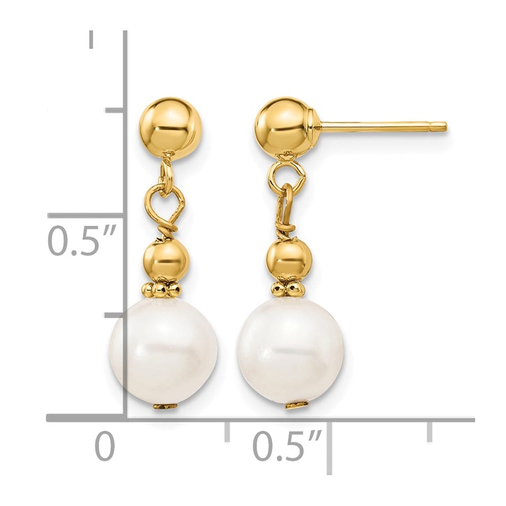 14K Yellow Gold 7-8mm White Semi-round Pearl Post Dangle Earrings, view 4 of 4