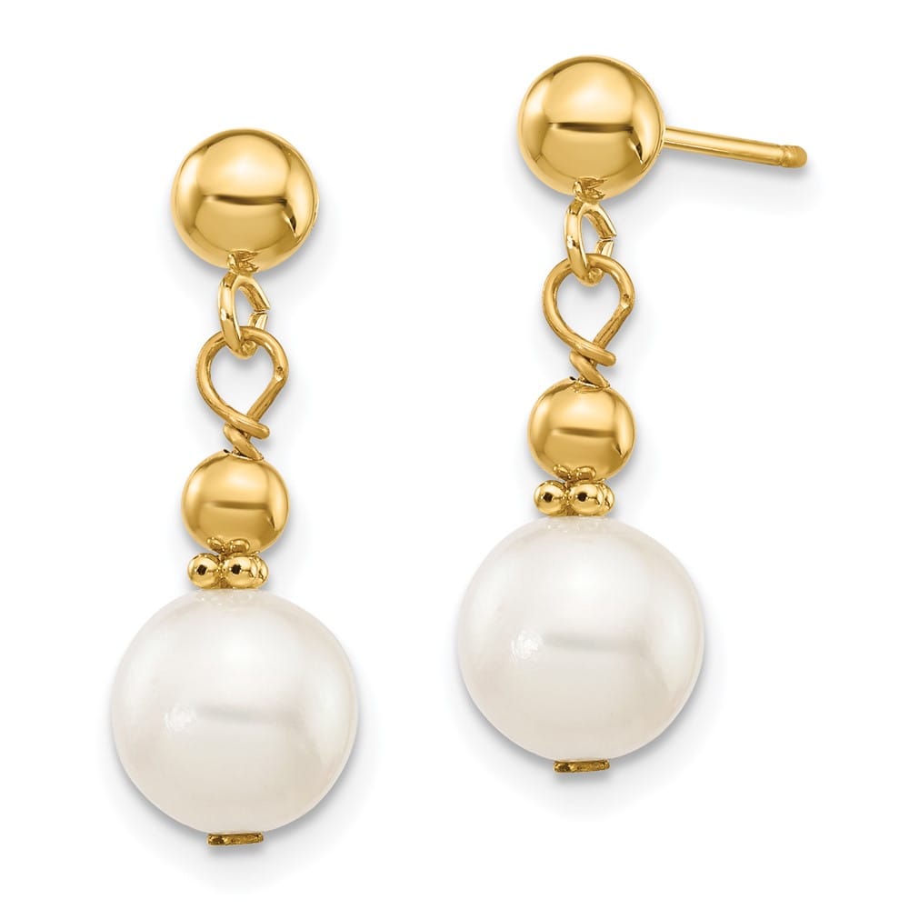 14K Yellow Gold 7-8mm White Semi-round Pearl Post Dangle Earrings, view 2 of 4