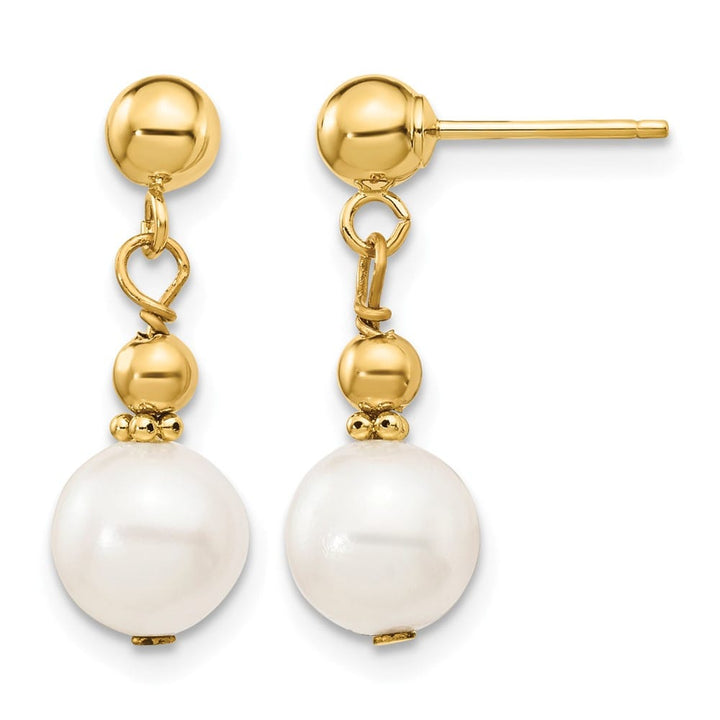 14K Yellow Gold 7-8mm White Semi-round Pearl Post Dangle Earrings, view 1 of 4