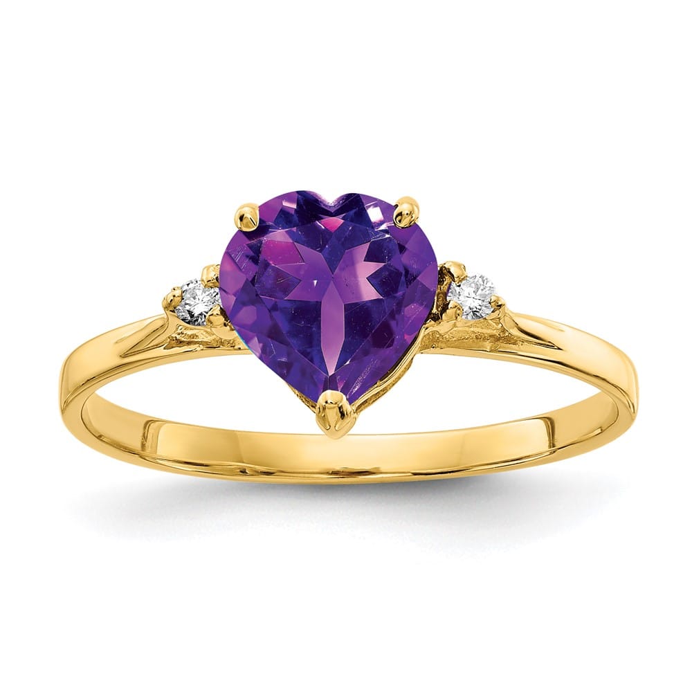 14k Yellow Gold 7 mm Heart Amethyst and Diamond Ring