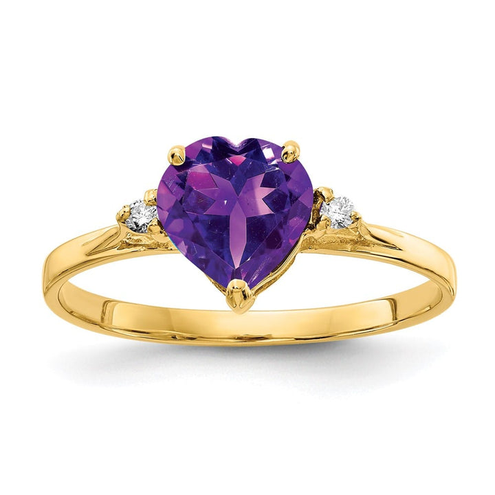14k Yellow Gold 7 mm Heart Amethyst and Diamond Ring