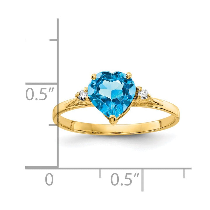 14k Yellow Gold 7 mm Heart Blue Topaz and 1/20 Carat Diamond Ring