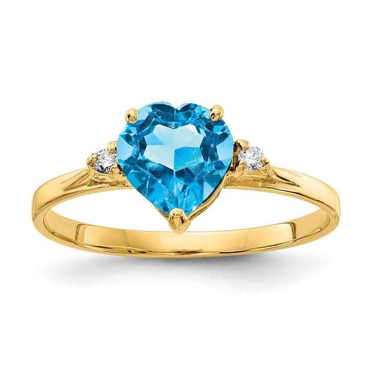 14k Yellow Gold 7 mm Heart Blue Topaz and 1/20 Carat Diamond Ring