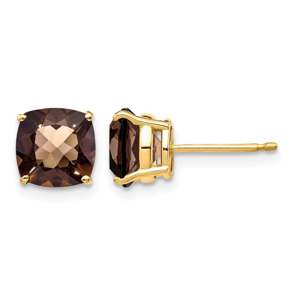 14K Yellow Gold 7mm Cushion Smoky Quartz Checkerboard Post Earrings, view 1 of 12