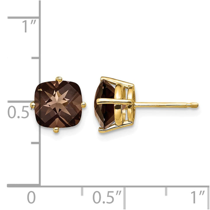 14K Yellow Gold 7mm Cushion Smoky Quartz Checkerboard Post Earrings, view 12 of 12