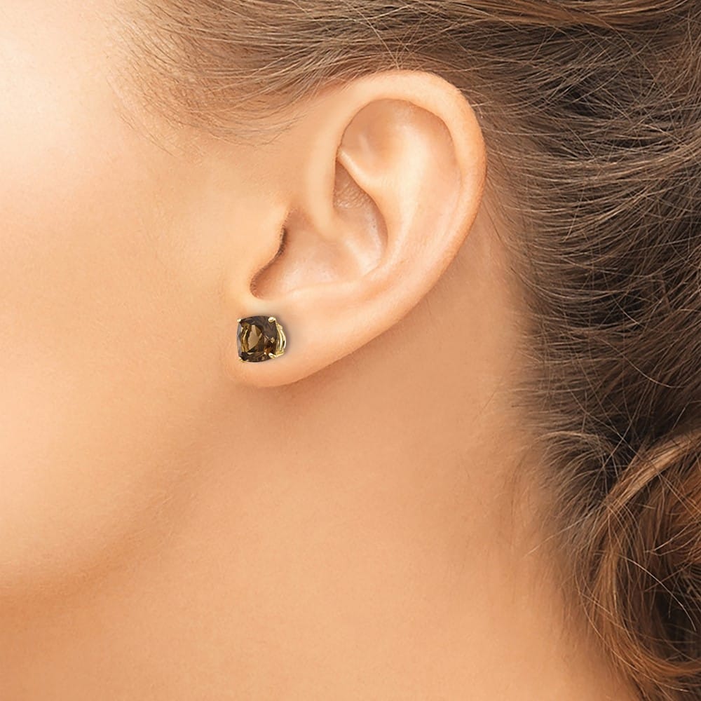 14K Yellow Gold 7mm Cushion Smoky Quartz Checkerboard Post Earrings, view 11 of 12