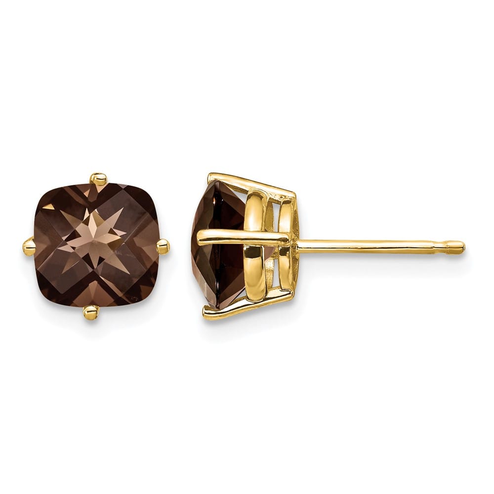 14K Yellow Gold 7mm Cushion Smoky Quartz Checkerboard Post Earrings, view 9 of 12