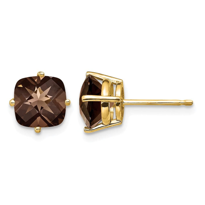 14K Yellow Gold 7mm Cushion Smoky Quartz Checkerboard Post Earrings, view 9 of 12