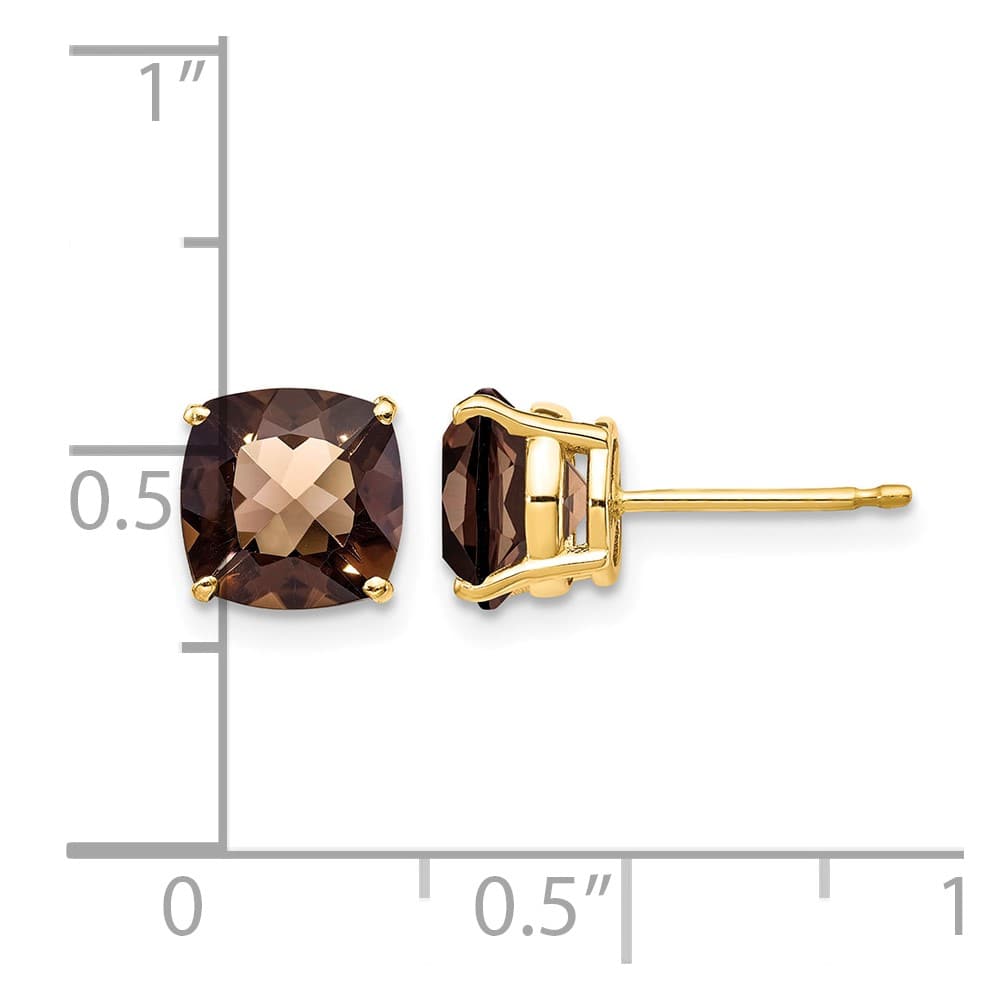 14K Yellow Gold 7mm Cushion Smoky Quartz Checkerboard Post Earrings, view 4 of 12