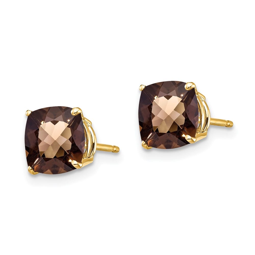 14K Yellow Gold 7mm Cushion Smoky Quartz Checkerboard Post Earrings, view 2 of 12