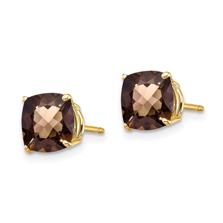 14K Yellow Gold 7mm Cushion Smoky Quartz Checkerboard Post Earrings, view 2 of 12