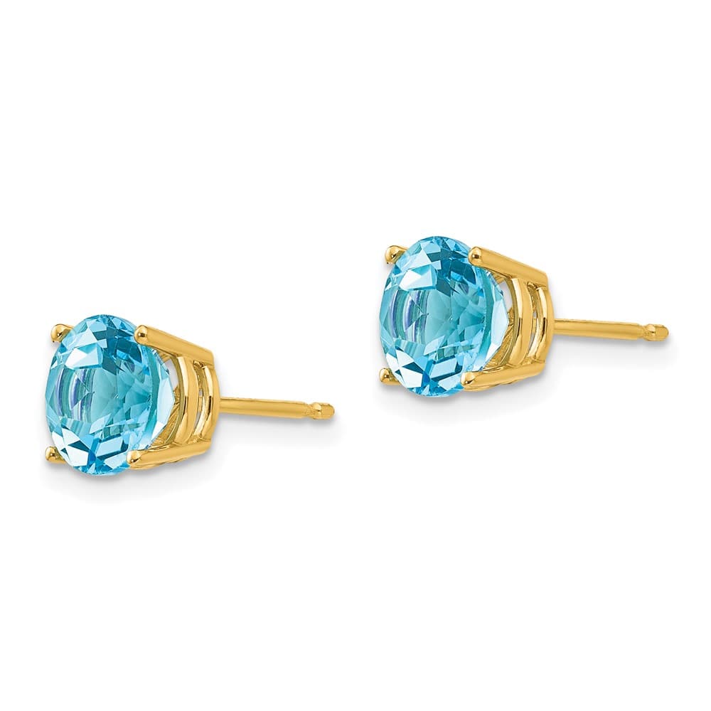 14K Yellow Gold 7mm Round Blue Topaz Post Earrings, view 2 of 4