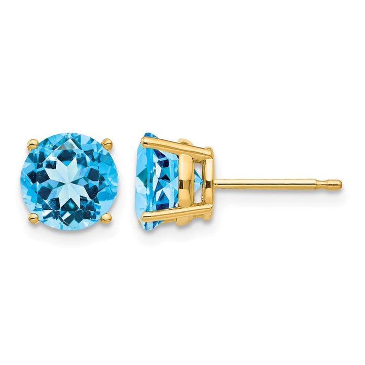14K Yellow Gold 7mm Round Blue Topaz Post Earrings, view 1 of 4