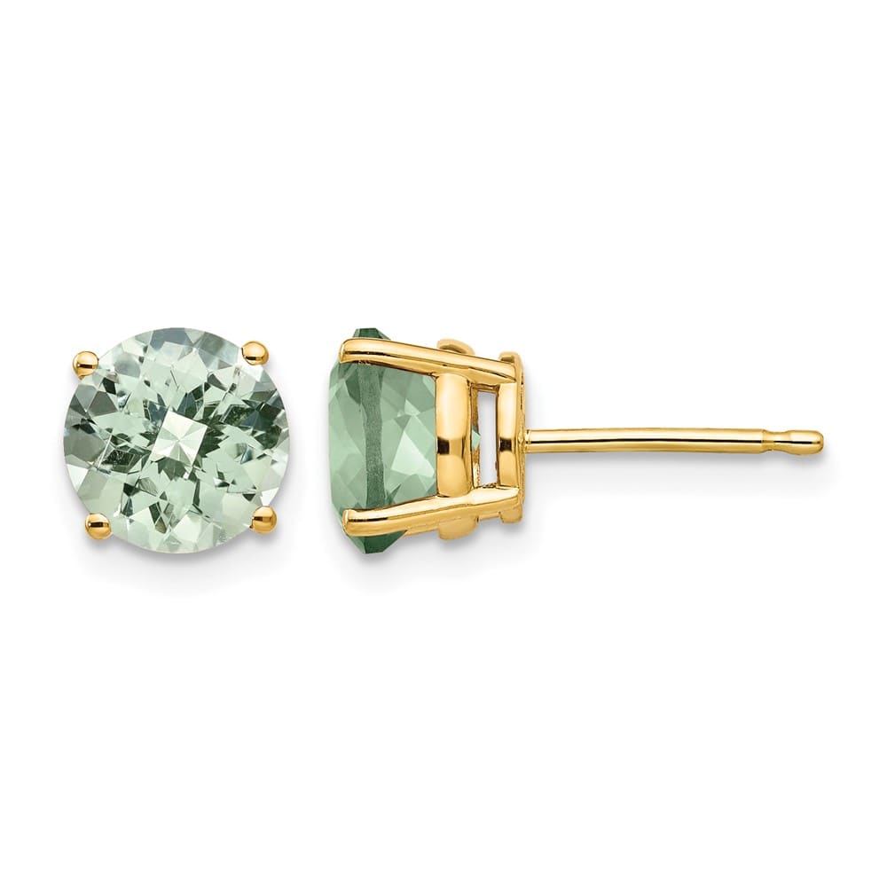14K Yellow Gold 7mm Round Checker-Cut Green Quartz Post Earrings, view 1 of 4