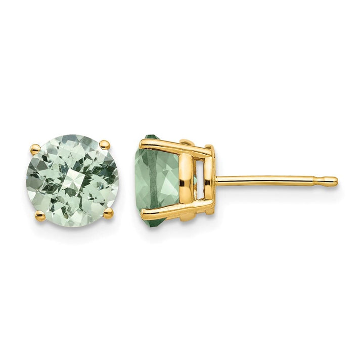 14K Yellow Gold 7mm Round Checker-Cut Green Quartz Post Earrings, view 1 of 4