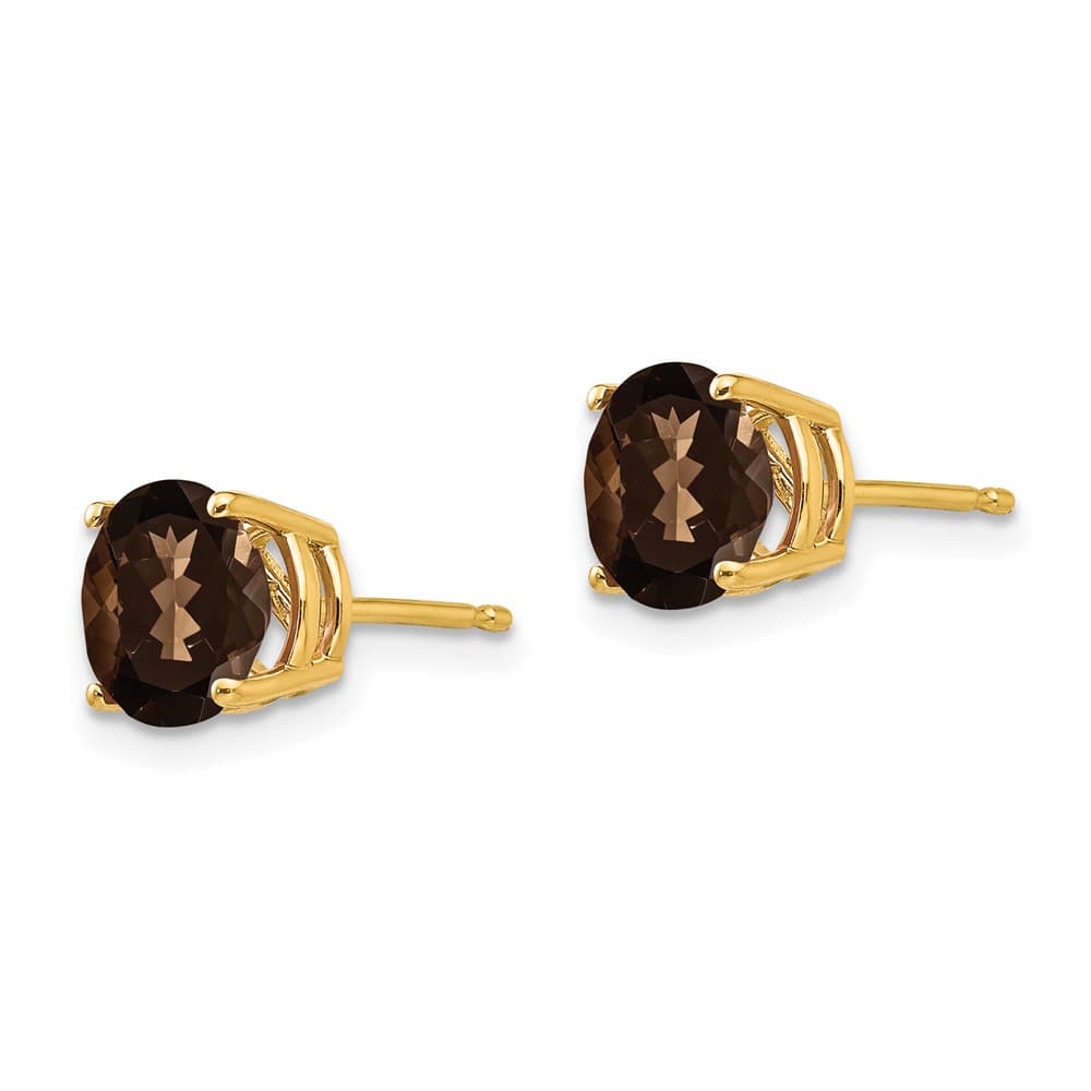 14K Yellow Gold 7mm Round Smoky Quartz Post Earrings, view 2 of 4