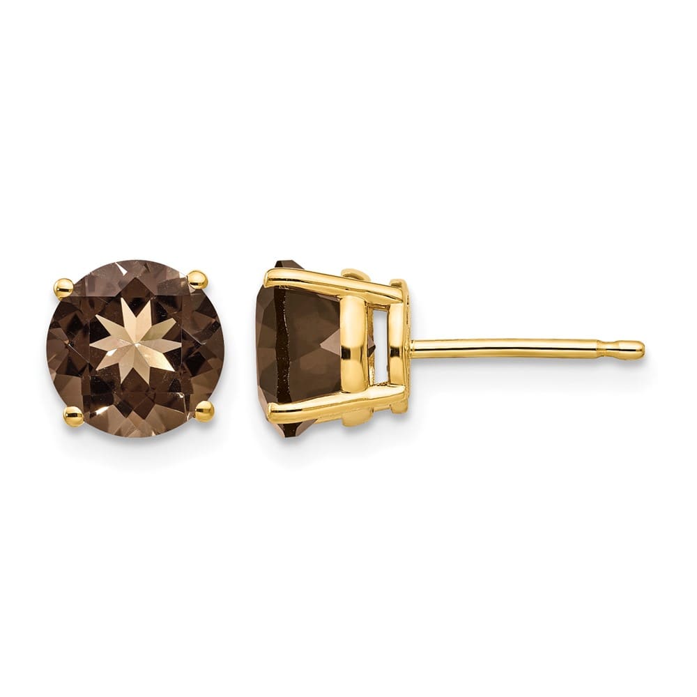 14K Yellow Gold 7mm Round Smoky Quartz Post Earrings, view 1 of 4