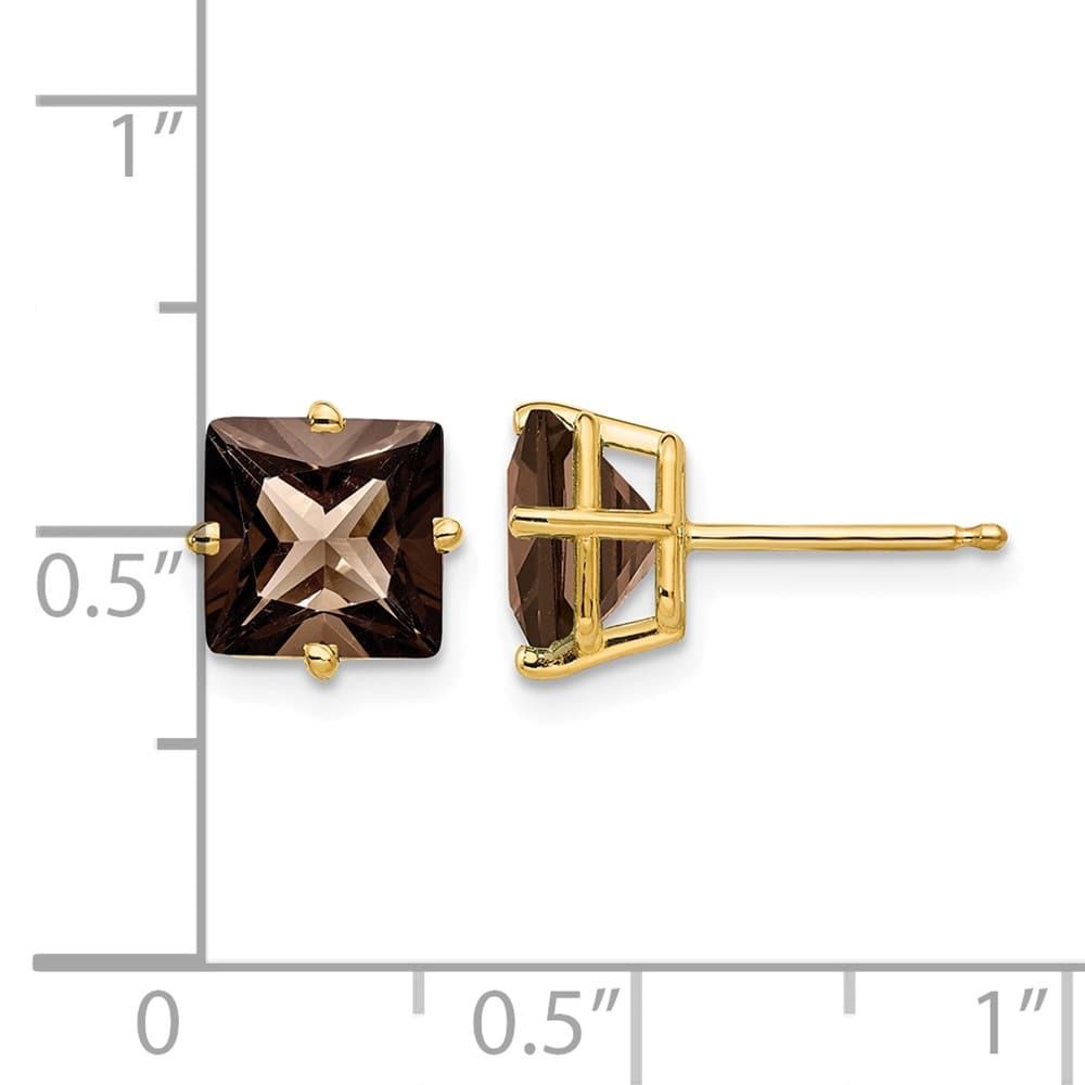14K Yellow Gold 7mm Square Smoky Quartz Post Earrings, view 4 of 4