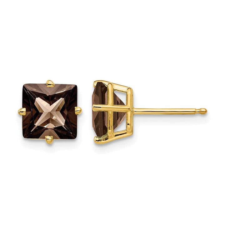 14K Yellow Gold 7mm Square Smoky Quartz Post Earrings, view 1 of 4