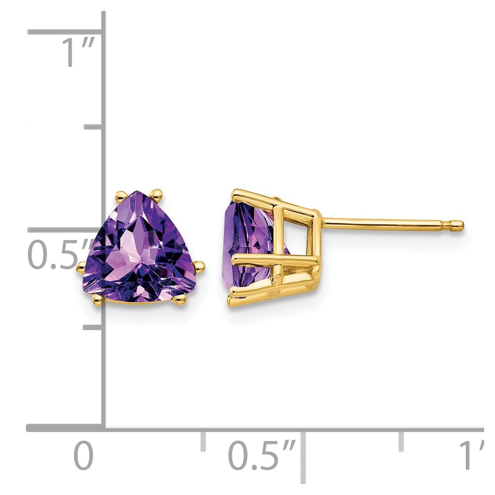 14K Yellow Gold 7mm Trillion Amethyst Post Earrings, view 4 of 4