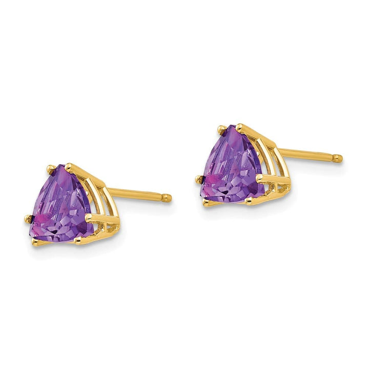 14K Yellow Gold 7mm Trillion Amethyst Post Earrings, view 2 of 4