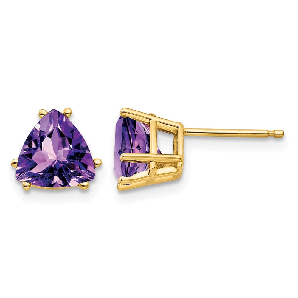 14K Yellow Gold 7mm Trillion Amethyst Post Earrings, view 1 of 4