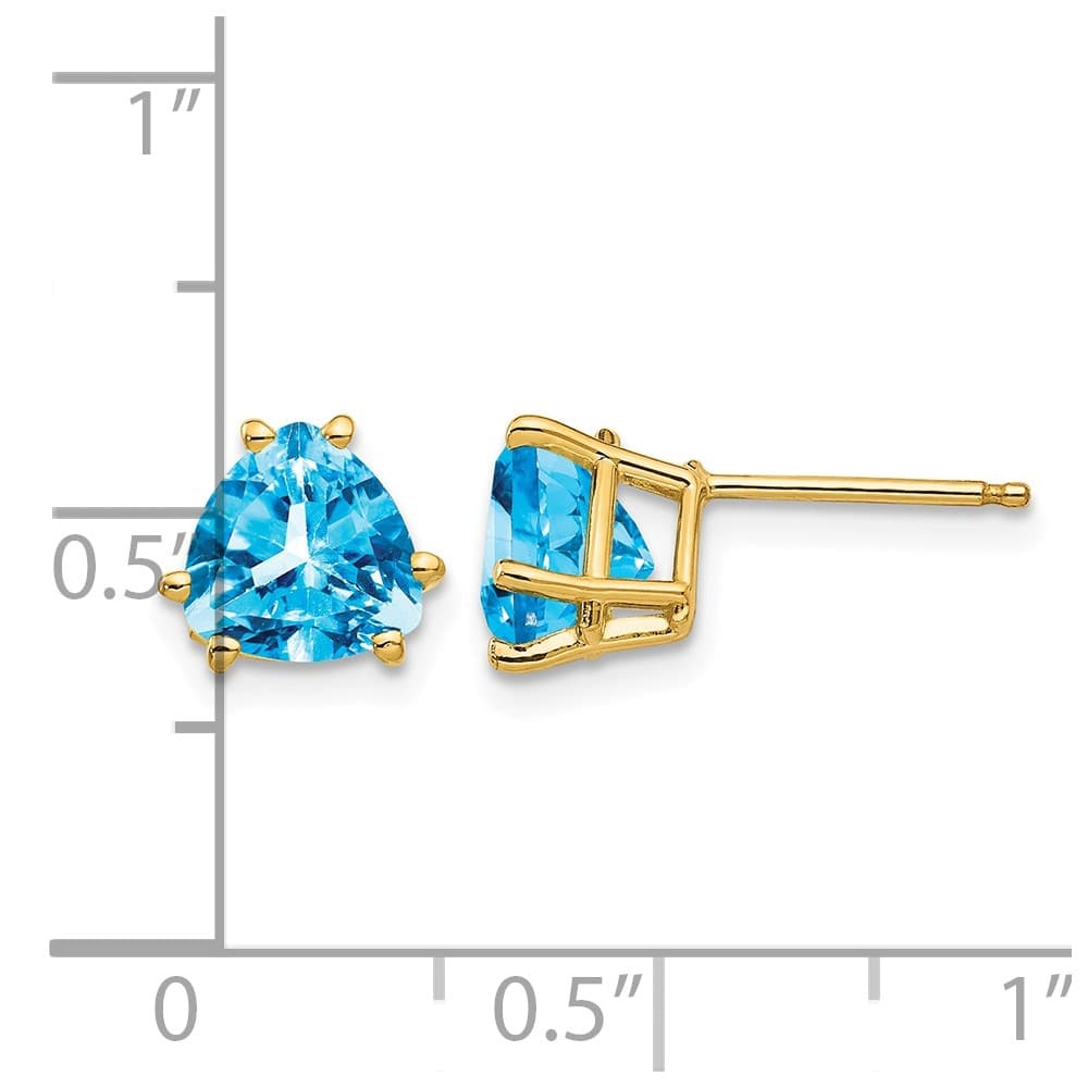 14K Yellow Gold 7mm Trillion Blue Topaz Post Earrings, view 4 of 4
