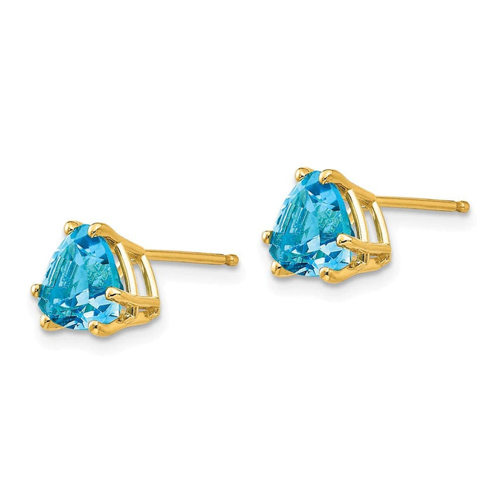 14K Yellow Gold 7mm Trillion Blue Topaz Post Earrings, view 2 of 4