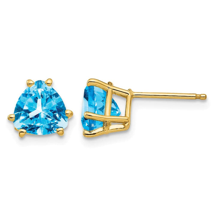 14K Yellow Gold 7mm Trillion Blue Topaz Post Earrings, view 1 of 4
