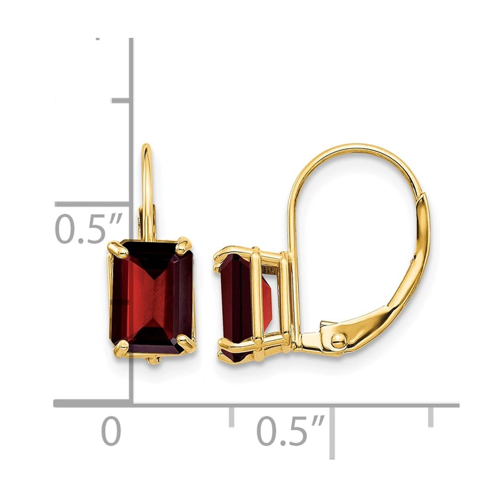 14K Yellow Gold 7x5mm Emerald-cut Leverback Earrings, Garnet, view 24 of 24