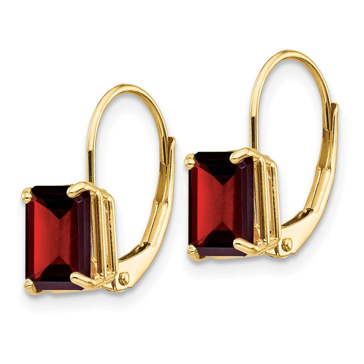 14K Yellow Gold 7x5mm Emerald-cut Leverback Earrings, Garnet, view 22 of 24