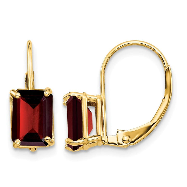 14K Yellow Gold 7x5mm Emerald-cut Leverback Earrings, Garnet, view 21 of 24