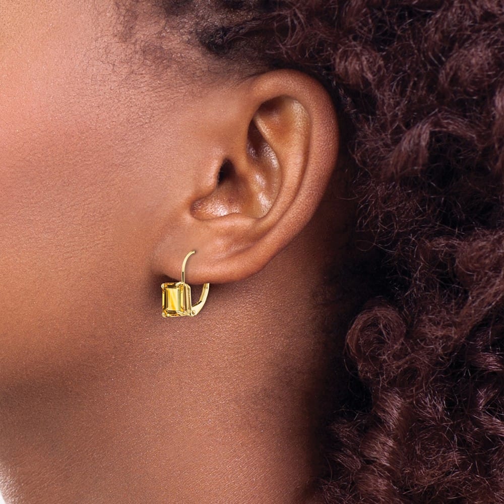 14K Yellow Gold 7x5mm Emerald-cut Leverback Earrings, Citrine, view 19 of 24