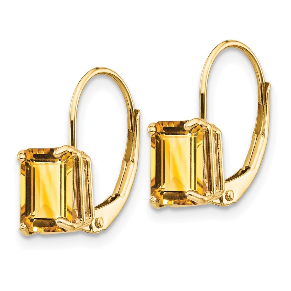14K Yellow Gold 7x5mm Emerald-cut Leverback Earrings, Citrine, view 18 of 24