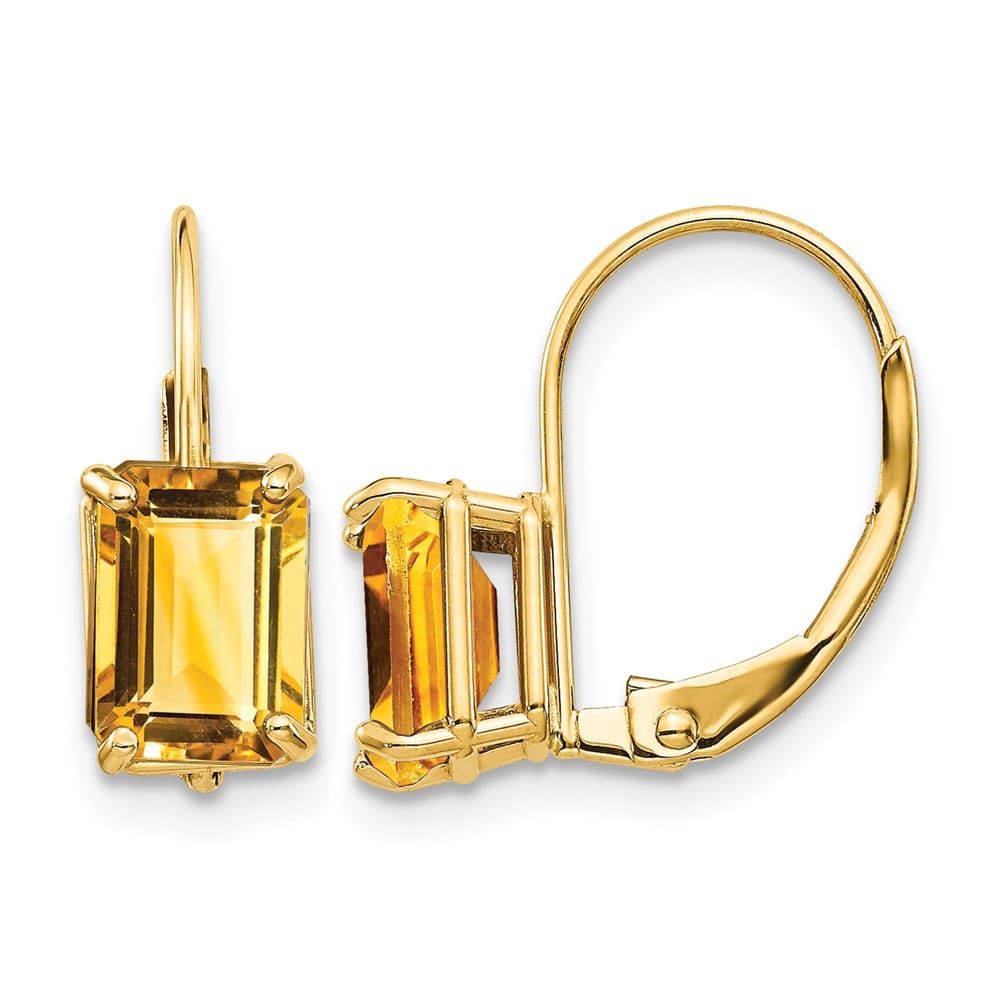 14K Yellow Gold 7x5mm Emerald-cut Leverback Earrings, Citrine, view 17 of 24