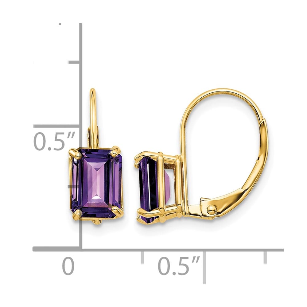 14K Yellow Gold 7x5mm Emerald-cut Leverback Earrings, Amethyst, view 16 of 24