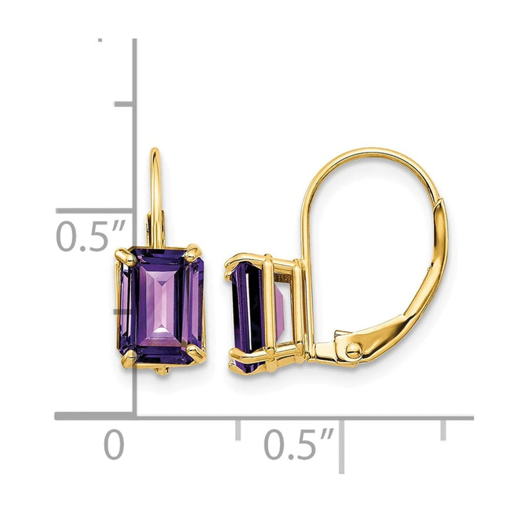 14K Yellow Gold 7x5mm Emerald-cut Leverback Earrings, Amethyst, view 16 of 24