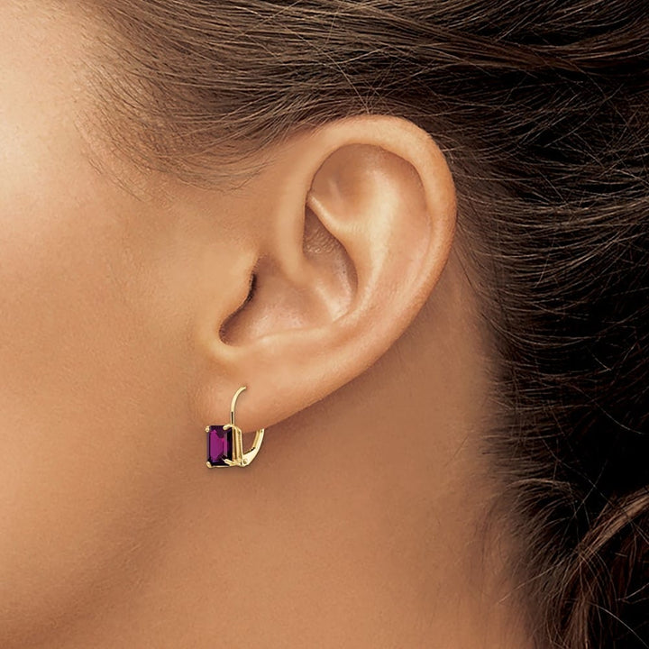 14K Yellow Gold 7x5mm Emerald-cut Leverback Earrings, Amethyst, view 15 of 24