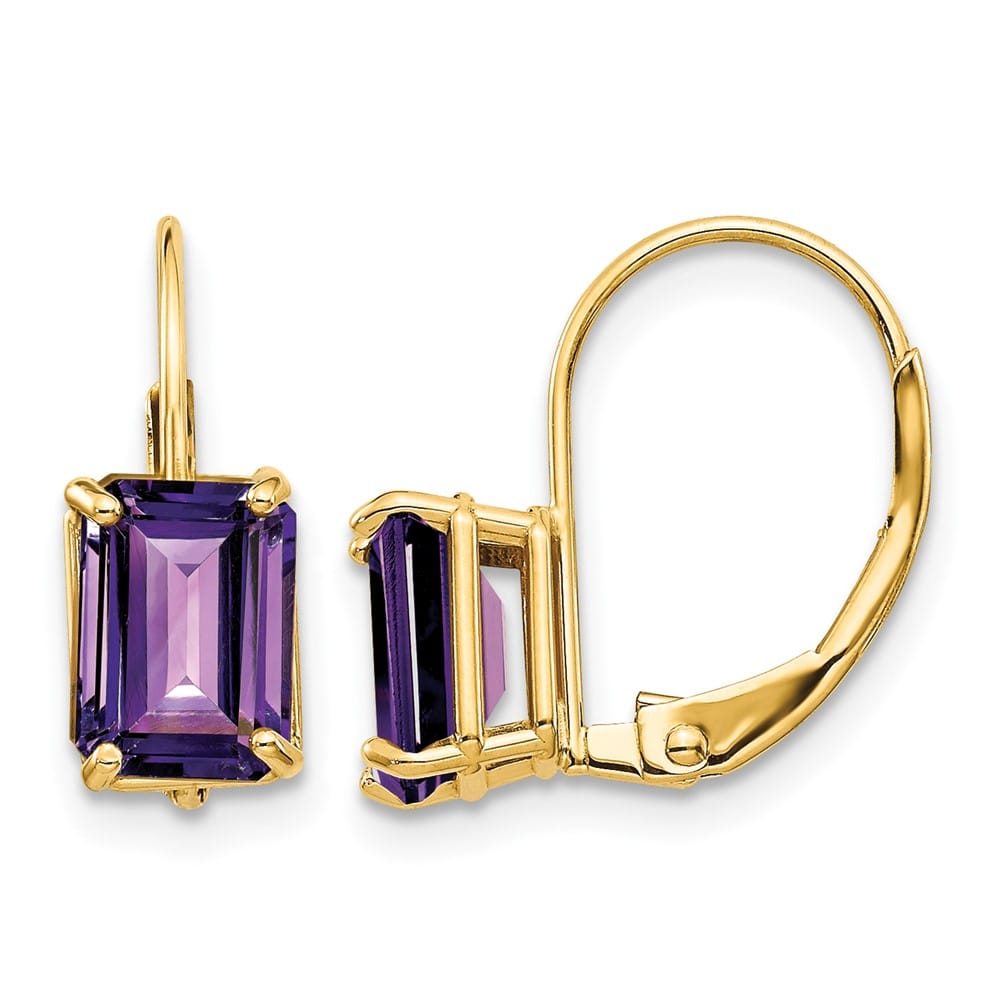 14K Yellow Gold 7x5mm Emerald-cut Leverback Earrings, Amethyst, view 13 of 24