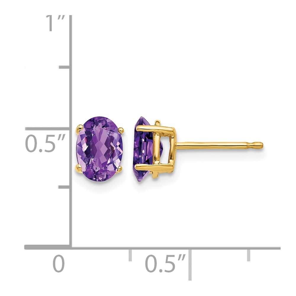 14K Yellow Gold 7x5mm Oval Amethyst Post Earrings, view 4 of 4