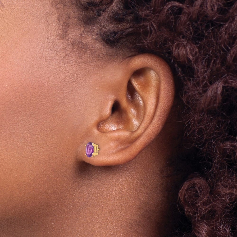 14K Yellow Gold 7x5mm Oval Amethyst Post Earrings, view 3 of 4