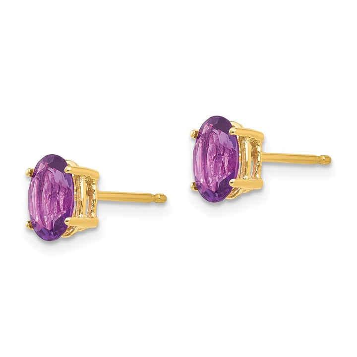 14K Yellow Gold 7x5mm Oval Amethyst Post Earrings, view 2 of 4