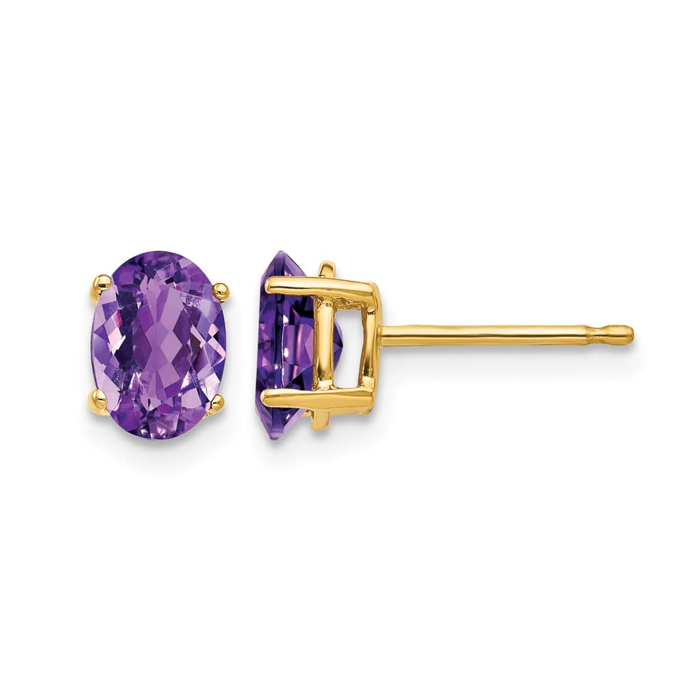 14K Yellow Gold 7x5mm Oval Amethyst Post Earrings, view 1 of 4