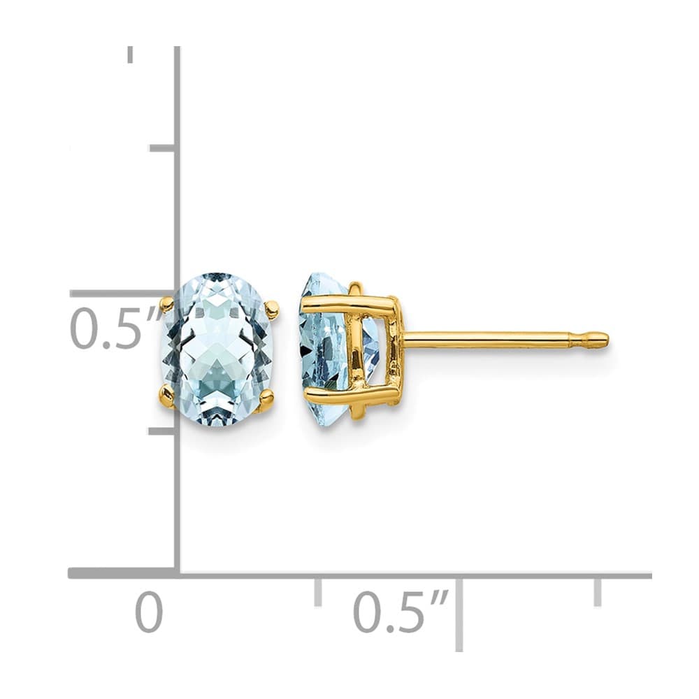 14K Yellow Gold 7x5mm Oval Aquamarine Post Earrings, view 4 of 4