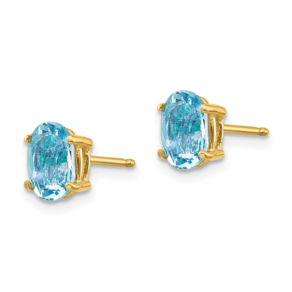 14K Yellow Gold 7x5mm Oval Aquamarine Post Earrings, view 2 of 4