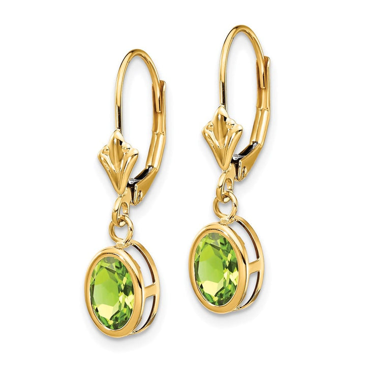 14K Yellow Gold 7x5mm Oval Bezel Leverback Dangle Earrings, view 10 of 24